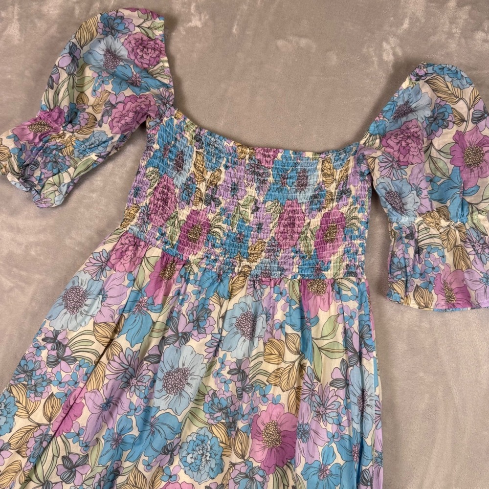 VICI Blue Purple Floral Smocked Midi Dress Puff Sleeve‎ Cotton Medium 2201-23LDH
